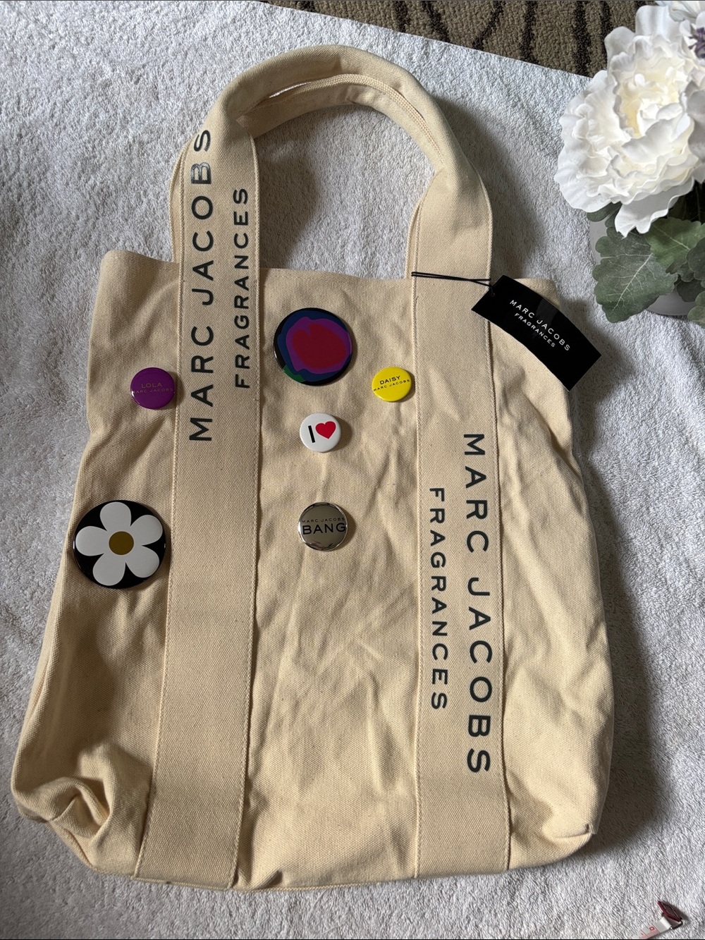 Marc Jacobs Cream Canvas Tote with Logo Straps and Pin Accents